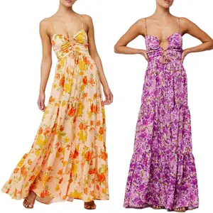 Women'sLongBeachDressSleevelessSpaghettiStrapCrossTie-upFrontFloralPrintDressMidiSlipDress