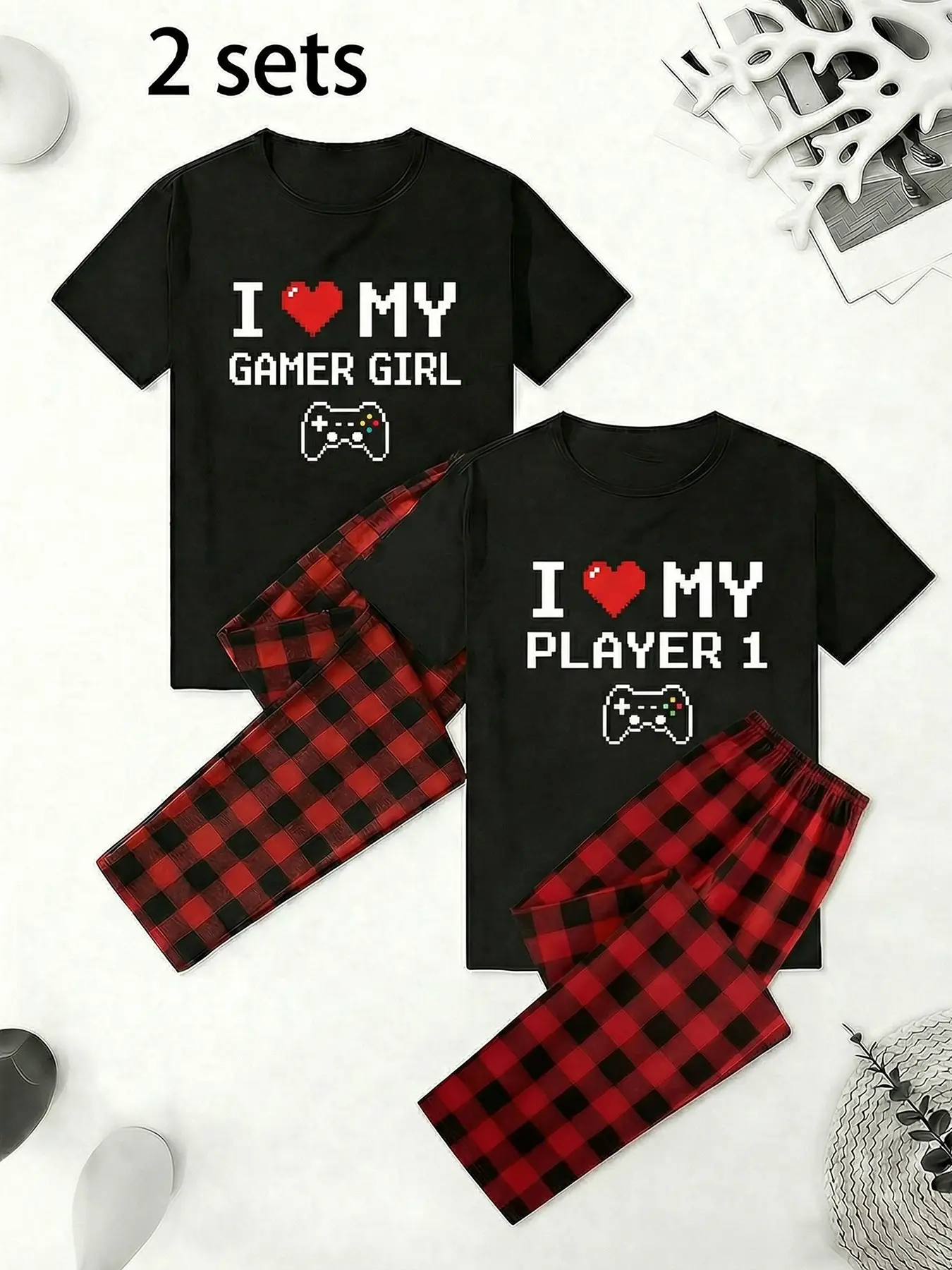 Game Theme Couples Pajama Set (2 Sets), Loose Fit, Soft Fabric, Breathable, Durable, Ideal for Home & Couple