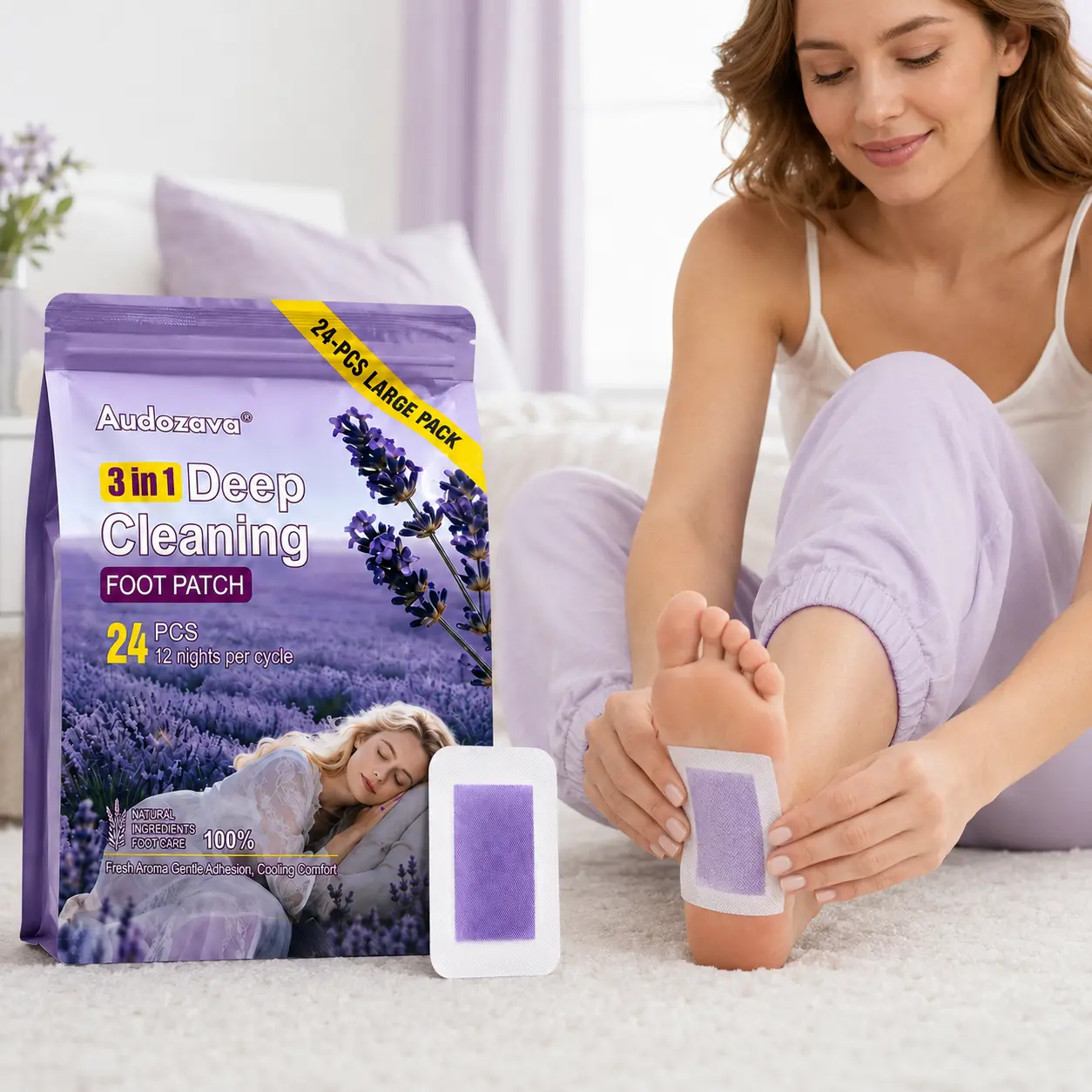 Lavender Foot Patches, 24 Count/12 Pairs, Gentle Adhesive Foot Pads with Cooling Comfort and Fresh Aroma, Easy-Apply Daily Foot Care for Women & Men