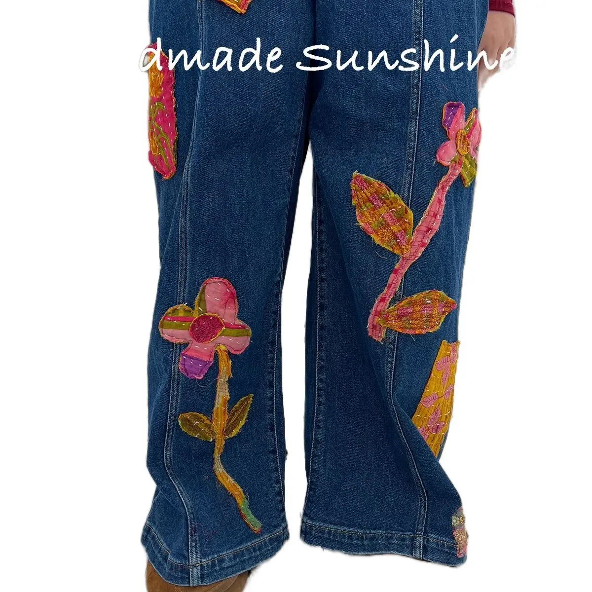 Handmade Sunshine Upcycled Kantha  DenimJeans Size 18 in Blue with Floral Embroidery and Floral Design Details - Womenswear, Bottom, wearable art