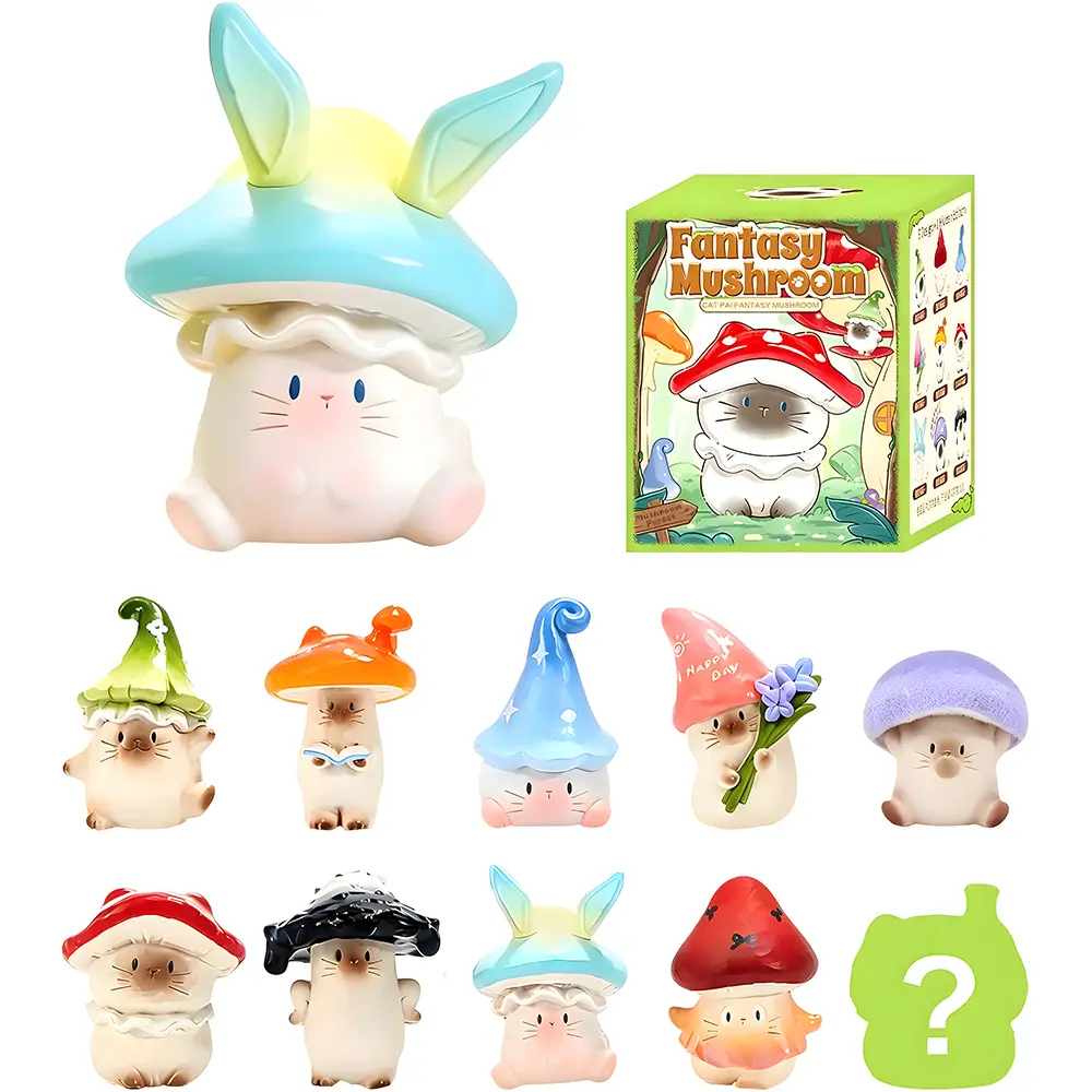 ANGRYFUN Cat Fantasy Mushroom Series Blind Box Figure, Cute Siamese Cat Collectible Mini Figurine, Fairy Garden Decor, Miniature Garden Ornament, Desk Shelf Plant Pot Decoration, Gift for Girls & Collectors