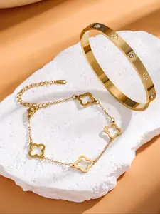 Women's Stainless Steel Bracelet Set, Fashionable Hollow Out Design, Four-Leaf Clover Pattern, Durable & Stylish Accessory