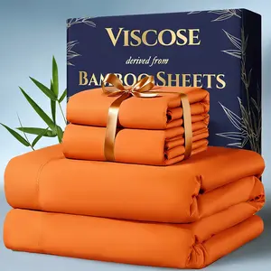 4pcs Bamboo Cooling Bedding - Extra Deep Pocket Breathable And Cooling - Suitable for Hot Sleepers And Sweats, Children Pillowcases, Flat Sheet And Fitted Sheet - A Perfect Gift for Family, Queen And King Sizes Bed