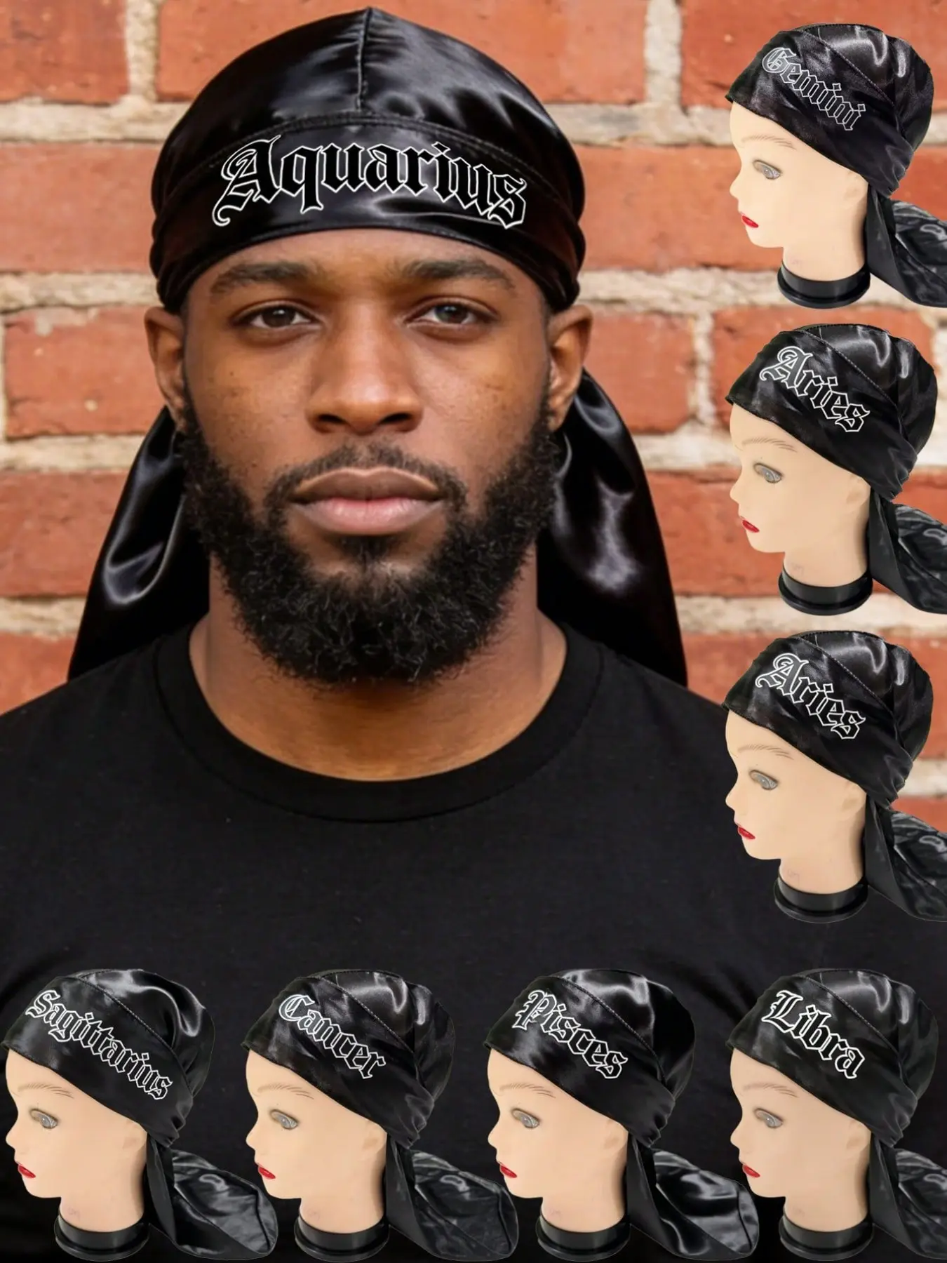 1pc Men's Zodiac Embroidered Satin Durag, West Coast Gangsta Hip Hop Pirate Style Long Tail Cartagena Head Wrap, Fashion Headwrap  Casual Hair Accessory, Head Scarves Headscarf for Daily Styling/Outdoor Trips/All Seasons