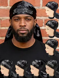 1pc Men's Zodiac Embroidered Satin Durag, West Coast Gangsta Hip Hop Pirate Style Long Tail Head Wrap, Fashion Headwrap  Casual Hair Accessory, Head Scarves Headscarf for Daily Styling/Outdoor Trips/All Seasons