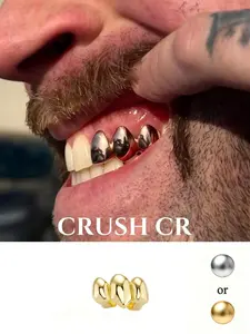 CRUSH CR 18K Gold Plated Solid 3-Teeth Grillz for Women Men, Polished High-Shine Finish, Hypoallergenic Removable Perfect for Hip Hop Concerts, Streetwear Fits, Club Nights Urban Street Style, Durable Tarnish-Resistant Plating, Ideal Bling Dental Jewelry