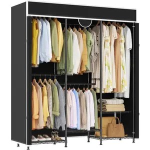 Heavy Duty 1100lbs Closet Wardrobe, Portable Clothes Rack with Cover, Adjustable Closet System, Carbon Steel Clothing Rack for Hanging Clothes, Freestanding Metal Closets