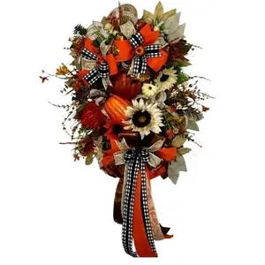 The Harvest Ember Fall Wreath | Pumpkin Sunflower Wreath | Autumn Front Door Decor | Farmhouse Fall Wreath | Orange Black Gingham Bow