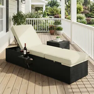 Costoffs Cushioned Rattan Wicker Outdoor Chair - 5-Position Reclining Tanning Chaise with Built-in Side Table, Pool Lounge Chair for Patio Outdoor Furniture, Black/Beige, Pool Lounge Chairs,summervibes