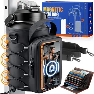 Magnetic Gym Bottle Bag: Dual-Sided Magnetic Gym Bag with Front Phone Mount - N52 Magnet Gym Bottle Bag Fits 21-40oz Bottles - Waterproof Fabric Adjustable Strap for Gym Lovers Workout Walking