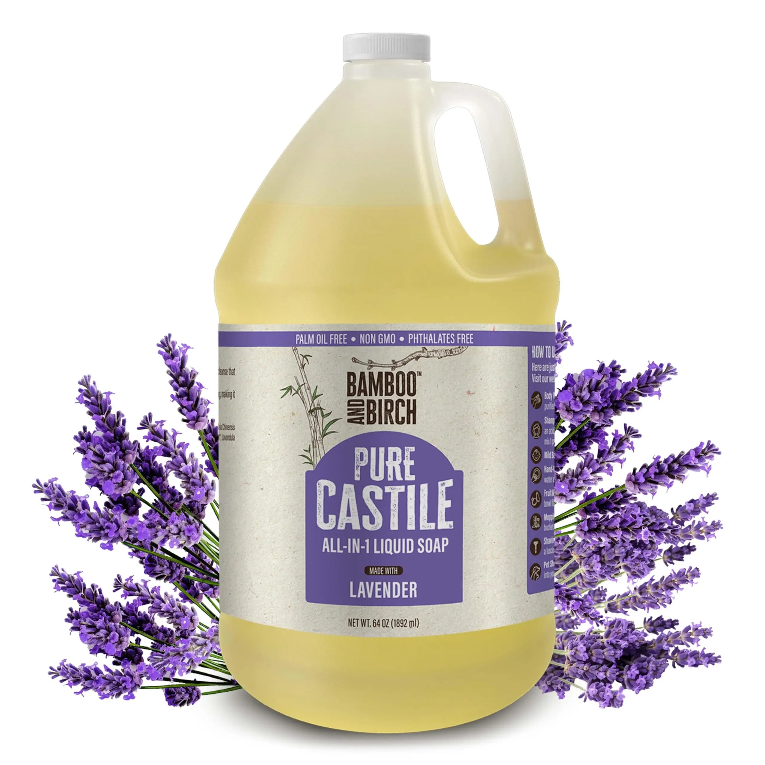 BAMBOO AND BIRCH Pure Castile Soap Liquid Organic, Certified Palm Oil Free Natural Soap Body  Body Body Wash Cleansing