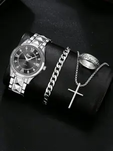 Men's Quartz Analog Watch Set with Unique Design, Includes Personalized Bracelet, Cross Necklace, and Crafted Ring, Casual Style