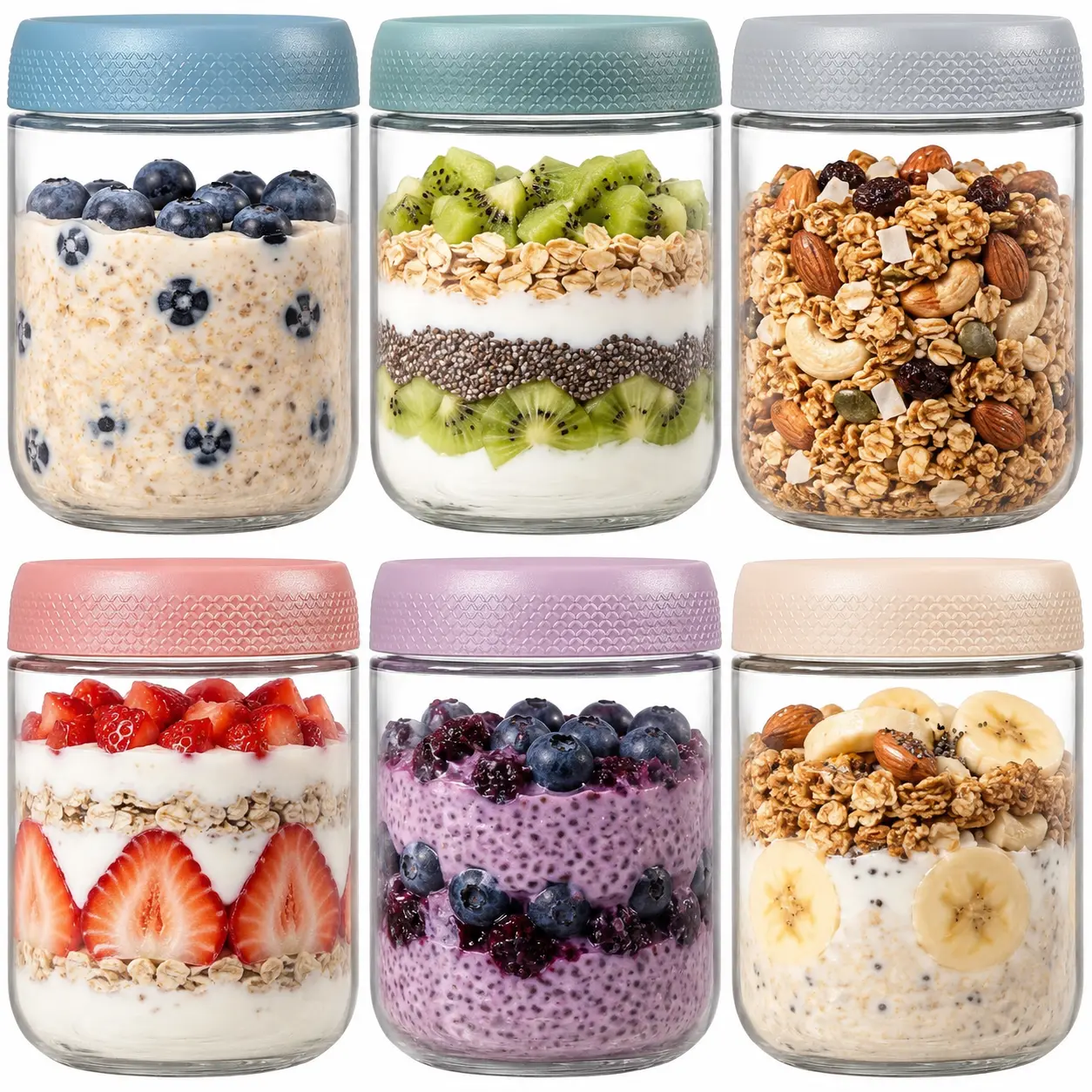 6-pack 16 oz Overnight Oats Containers with Lids, Glass jars with Airtight Lids, Wide mouth Mason Salad jars, Glass Food Storage Containers for Snacks Yogurt Spice Sugar