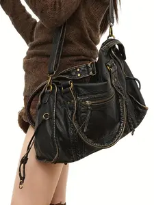 Vintage Motorcycle Bag, Soft Leather Shoulder Crossbody Bag, Large Capacity Commute Bag, Washable Totem Bag, Across Borders
