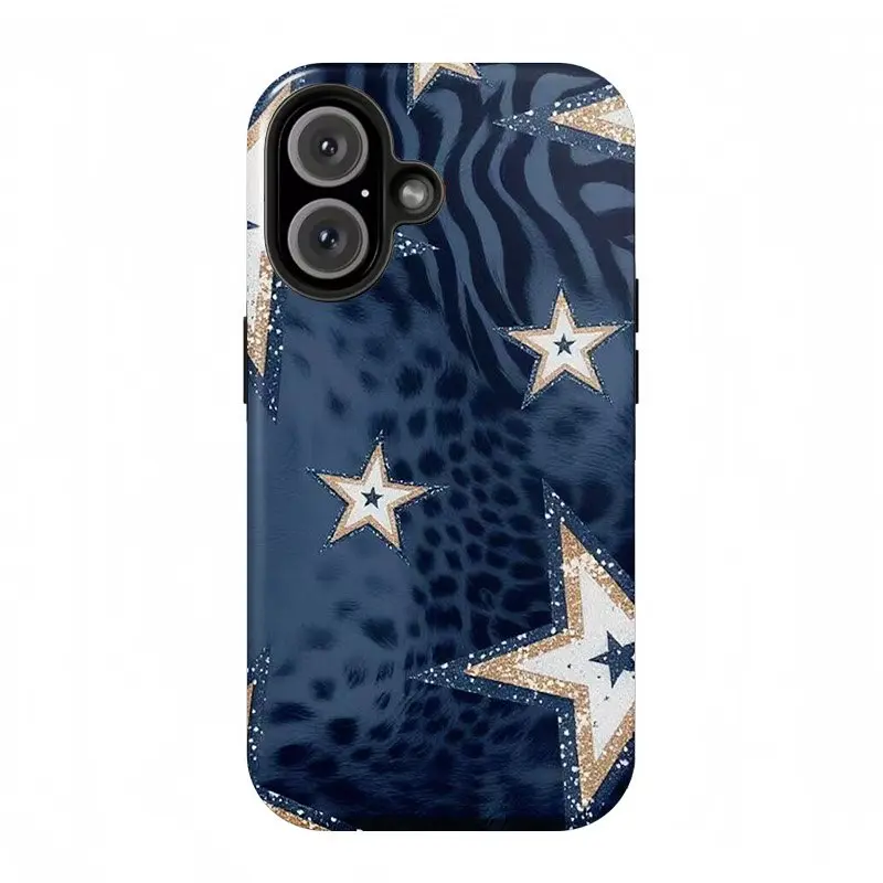 Dark Blue Leopard Print 5-Pointed Star Double-Layer Cellphone Cover, Shockproof Protector Accessories for iPhone 17 ProMax, 16 Plus, 15 ProMax, 14 Pro, 13 Max, 12 & Samsung S25 Edge, S24, S23, S22 Ultra FE Devices
