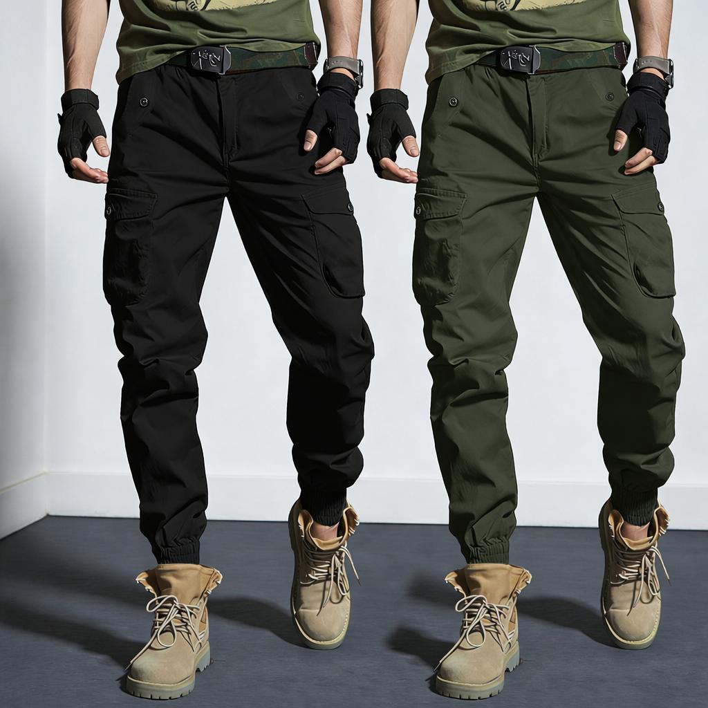 Two-pack: woven plain fabric and solid-color men’s cargo pants featuring an elastic waistband with drawstring, a loose straight tapered fit, multiple pockets including large pockets—ideal for everyday casual wear and work, perfect for cargo outfits and ou