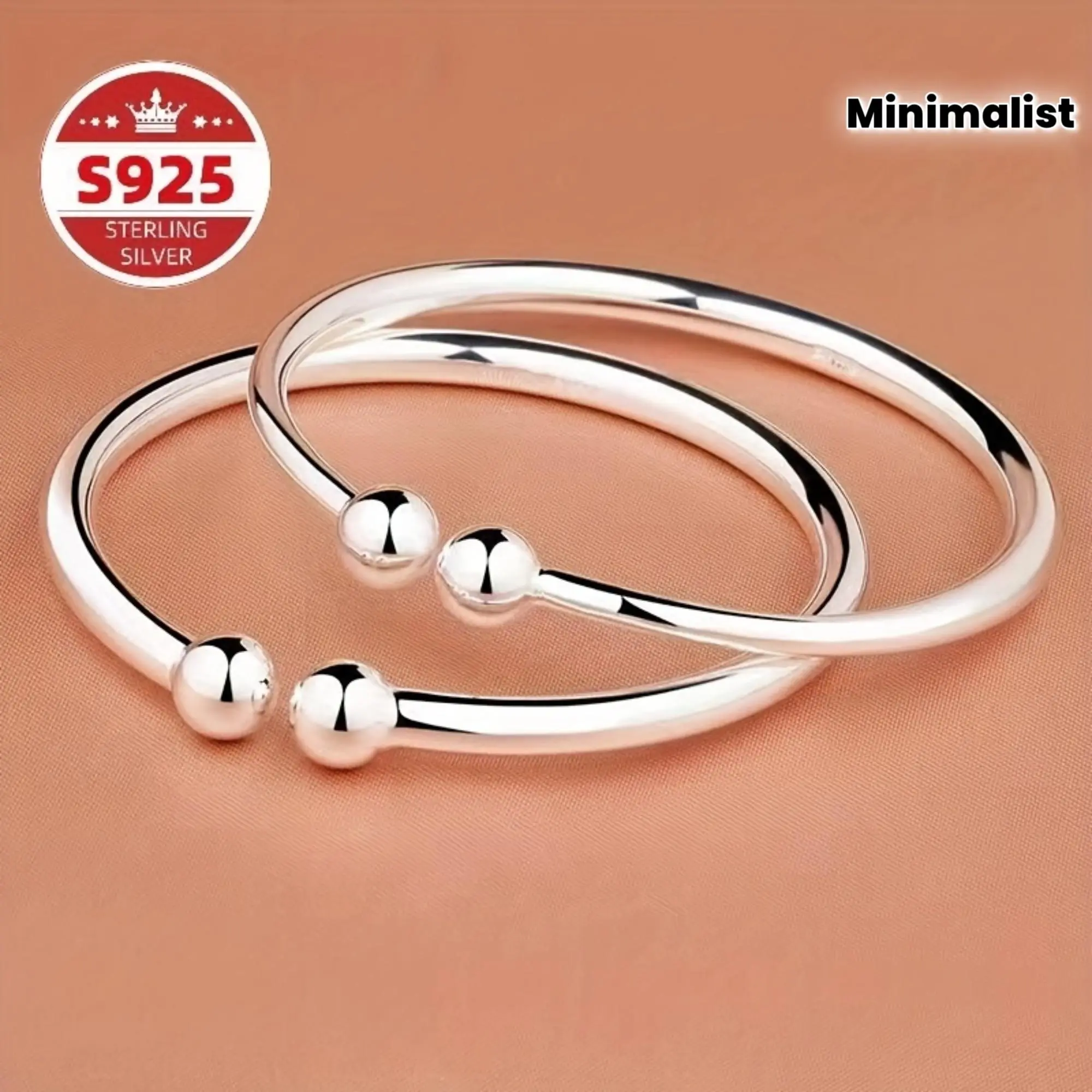 925 Real Silver Bracelets & Bangles, Set of 2 Minimalist Beaded Jewelry for Women, Adjustable Open Cuff, Hypoallergenic for Daily Wear, Minimalist Elegant, 2Pcs