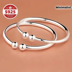 2pcs S925 Silver Beaded Bracelet - Hypoallergenic Adjustable Open Bangle, Minimalist Elegant Jewelry for Spring, Daily Wear& Mother's Day Gift