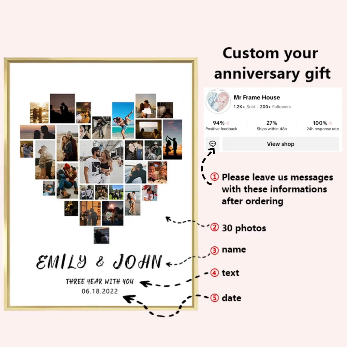 Sturdy Heart-Shaped Customizable 30-Photo Collage Frame - Metal Frame, Corrosion-Resistant Aluminium, Flip Cover, Wall-Mount Home Supplies Home Decor, Personalized HD Canvas Print Keepsake for Wedding Anniversary, Birthday