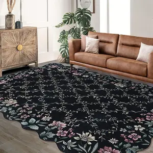 Washable Foldable Printed Carpet, Modern Entwined Flowers, Multi-Area Fit, Black
