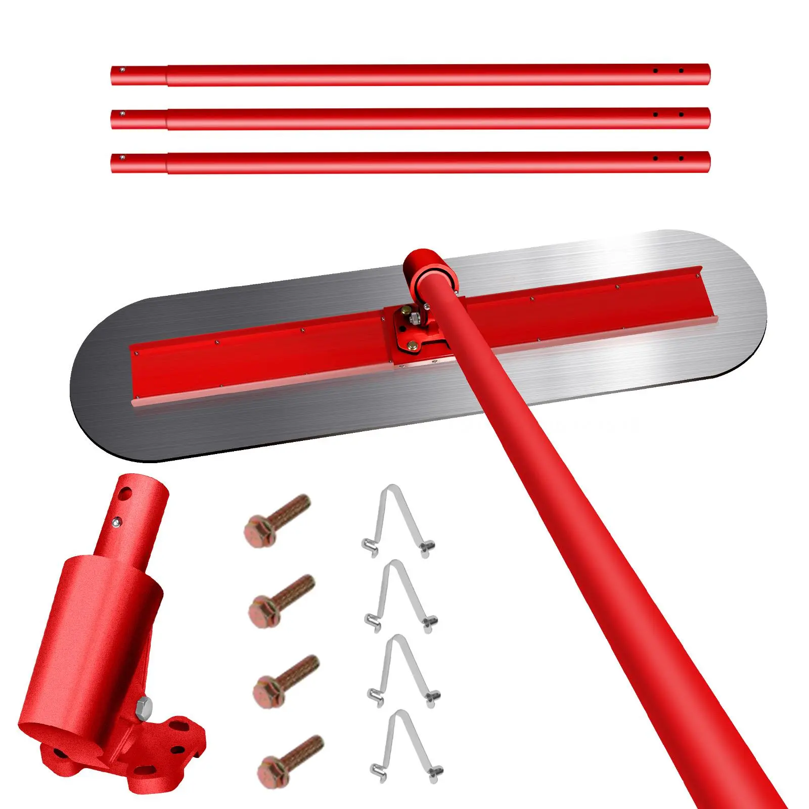 48"×12" Round Fresno Concrete Trowel Set | Round Head Fresno Concrete Float, Aluminum-Magnesium Alloy Concrete Finishing Tool with Adjustable Bracket and 4 Handles, Overall Length 213.7", Red Concrete Smoothing Tool