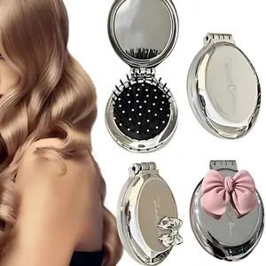 Portable Mini Pocket Mirror, Folding Comb, Girl Women Portable Round Small Travel Massage Hair Brush with Mirror, Makeup Mirror, Makeup Products, Hair Styling Comb, Detangler Brush, Anti Static Hairbrush, Grooming Brush