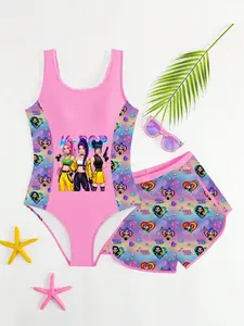 Girls' K-Pop Gaming Cartoon Swimsuit Set, Gradient Rainbow Tank Top & Swim Pants, Beach Swimming Suit, Cute Style, Swimwear Sets