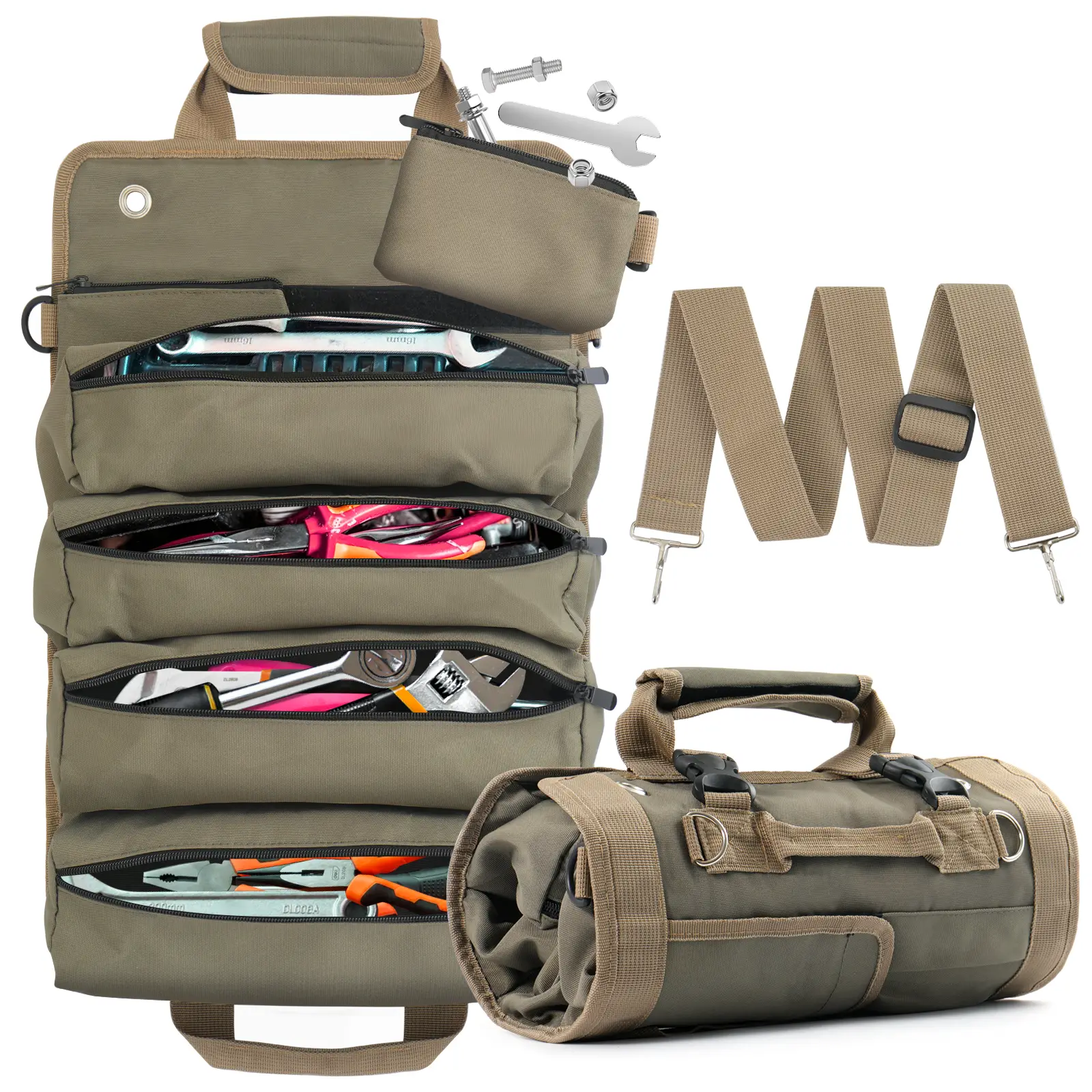 Tool Bag Roll-Up Organizer (20.3" x 12.8") with 2 removable pockets—perfect for road trips, automotive maintenance, Unique gift for DIY enthusiasts