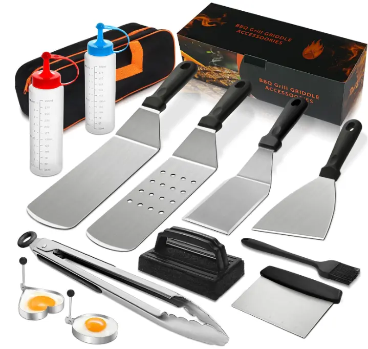 14PCS Griddle Accessories Kit, Flat Top Grill Accessories Set for Blackstone and Camp Chef, Grill Spatula Set with Enlarged Spatulas, Scraper for Outdoor Barbecue