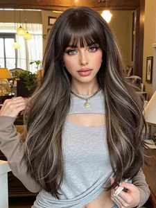 24 Inch Ombre Curly Hair Wig with Bangs, Heat Resistant High Temperature Fiber, Natural Comfortable Style for Daily Wear, Synthetic Material Wigs