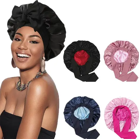 Women's Adjustable Double-Layer Silky Stretch Satin Sleeping Cap - Anti-Frizz, Frictionless Design for Curly/All Hair Types, Bow Ribbon Accent, Multi-Purpose Silk/Ribbon Bonnet for Sleep & Styling