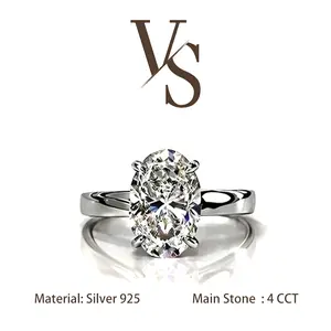 [Venus Jewelry] Synthetic Moissanite 4 CCT Oval Shape Solitare Hidden Halo Design VVS 1 D Color Solid Silver 925 Solitare Ring