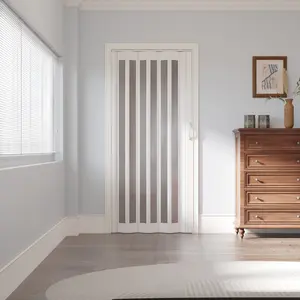 Ark Design Upgrade Dual Layer Vinyl Accordion Door with Handles and Magnetic Door Lock, 1-Lite Frosted Acrylic Glass, White