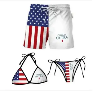 Michelob Ultra And Patriotic Stars Matching Couple Swimwear, USA Beer Inspired Bikini & Mesh Shorts Set, 4th of July Beachwear Day Couple Outfits