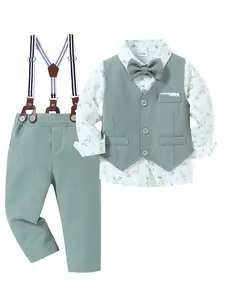 Toddler Boy Suit Baby Boy Cute Clothes Cet Gentleman Wedding Outfits Shirt Bowtie Vest Suspender Pants 1-5T Boys Church Birthday Formal Dress