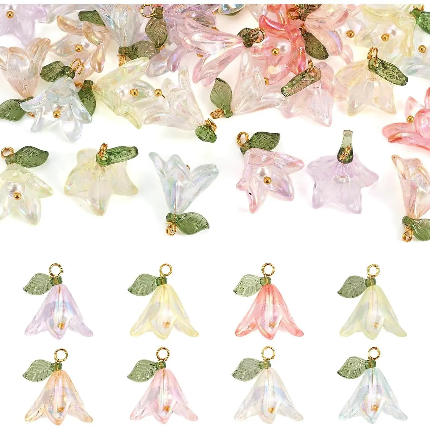 32 Pcs Acrylic Lily of the Valley Charms, Elegant 20x16mm Dangles with Pearl Trim for Crafting, DIY Jewelry Making Supplies with 3mm Hole, 16Mm Wide
