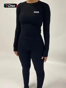 Solid Letter Patched Raglan Sleeve Tee & High Waist Leggings Set, Workout Clothes for Women, Stretch Fabric Activewear, Fall Outfits, Long Sleeve Top & Skinny Pants, Ladies Fall Clothes