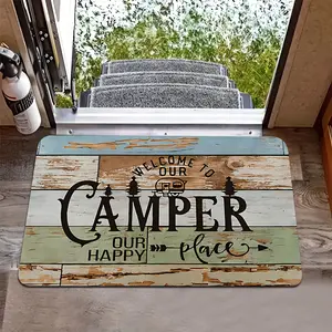 CAMPER RV Welcome Doormat - Flannel RV Camper Van Floors Rugs, "Welcome to Our Happy Place" - Outdoor Mat for RV, Trailer, Cabin, Camping Home Washable Area Rug Living Room Rug, Rubber Backing Boho Graphic Rug Boho Runner Rug