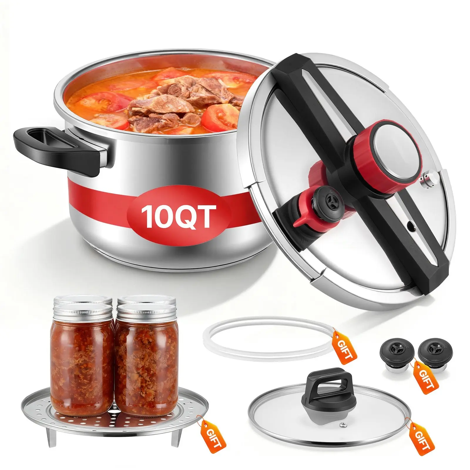 10 Qt Stainless Steel Pressure Cooker Canner with Steaming Rack and Tempered Glass Lid, Three Pressure Settings for Meat, Beans, Rice, Soup, and Sauces, Durable Kitchen Essential for Quick, Even Cooking Up to 100 kPa