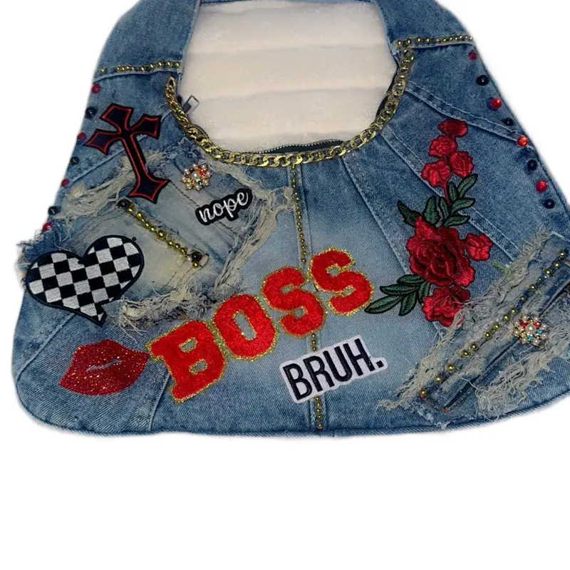 Denim Customizable Coin Holder/Purse with Letters, Stones, and Patchwork, Features Chain Design and Embroidered Details