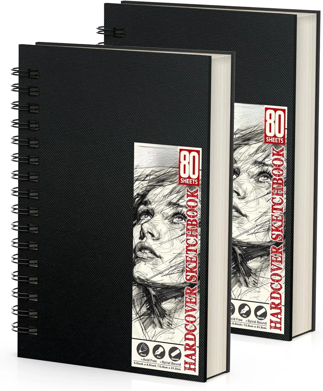 2-Pack Spiral Bound Drawing Sketchbook, 5.5"x8.5" Hardbound Sketchbook Art, 80-Sheets 68lb/100gsm Acid-Free Double-Sided Paper, Durable Drawing Pad for Teens & Adults, Office Stationery for Painting Writing