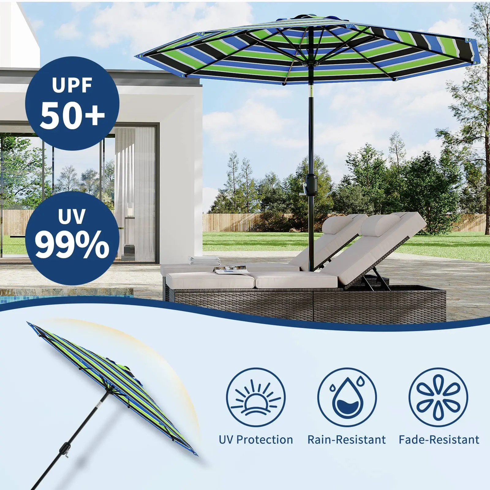 YJ-9 Ft Striped Patio Umbrella, Table Market Umbrella with Push-Button Tilt and Crank - 8 Sturdy Ribs