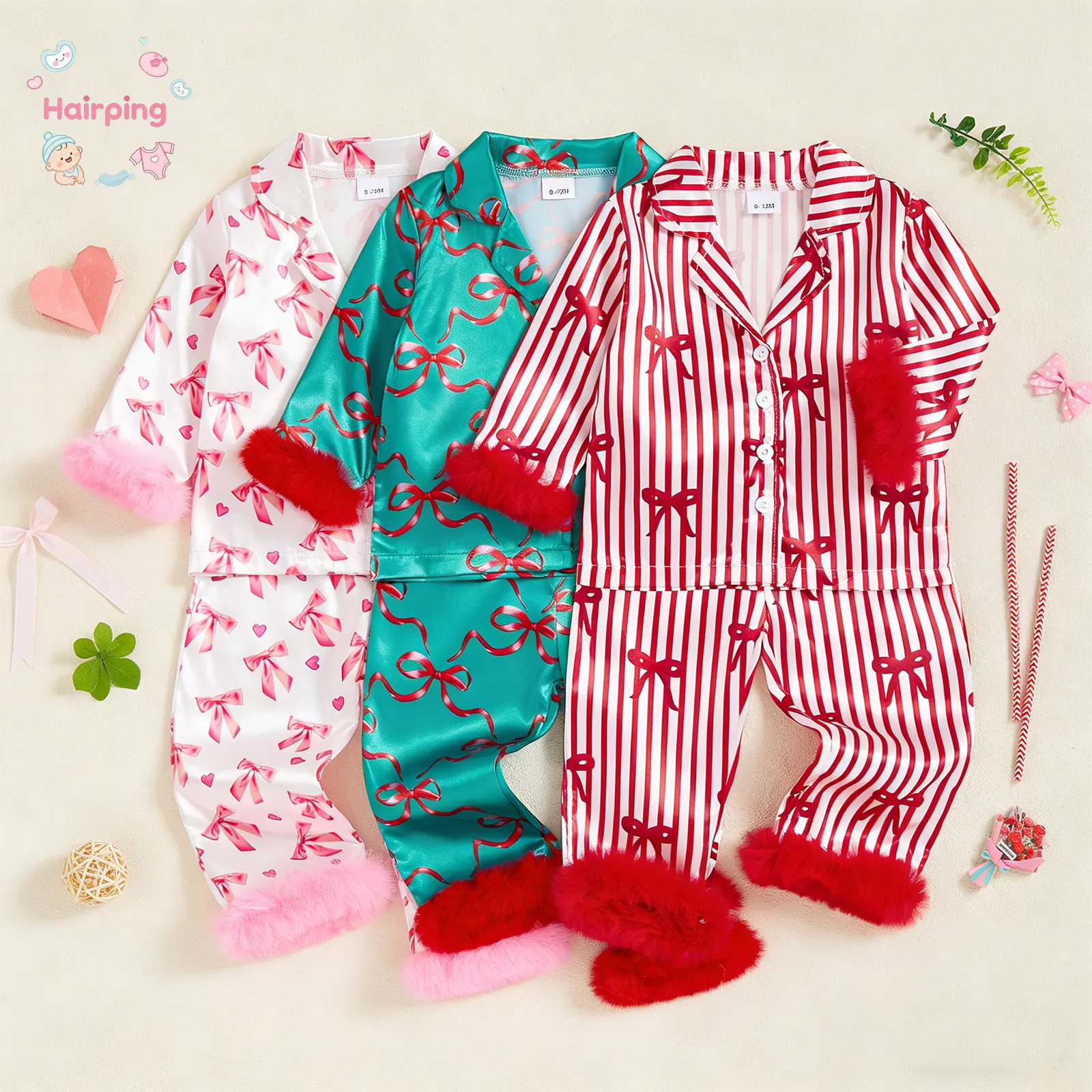 Kids Girls Christmas 2-Piece PJ Set - Bow Print Long Sleeve Tops with Elastic Waist Pants Sleepwear (Pants+Tops), Pajama Clothes, Pyjamas Set