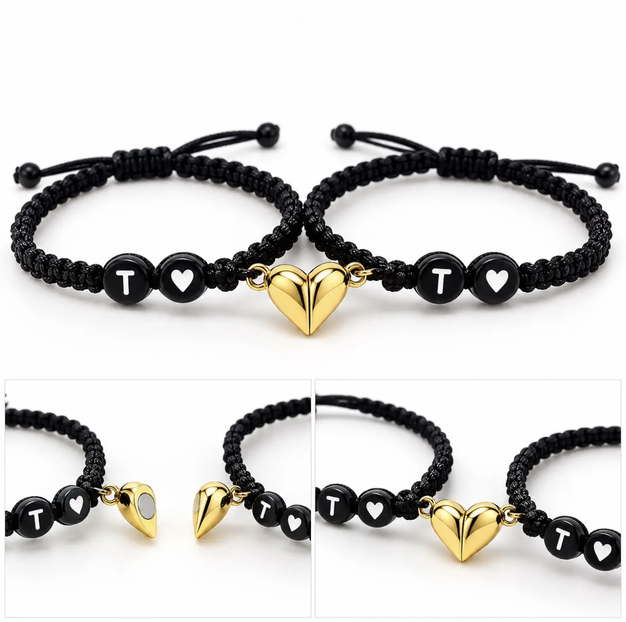 Adjustable Heart Alphabet Couple Bracelet Set - Personalized Initial Matching Fashionable Bracelet, Jewelry Accessory for His/Her Anniversary Gift, Casual-Classic 2-Person magnetic Connection Piece