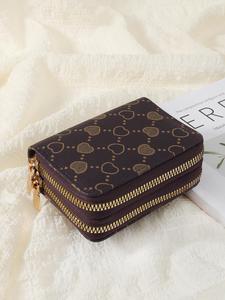 women's summer retro heart print double zipper around coin purse, gifts for her, simple multi-card card holder, pu leather earthtone credit card small wallets storage bag for outdoors & travel