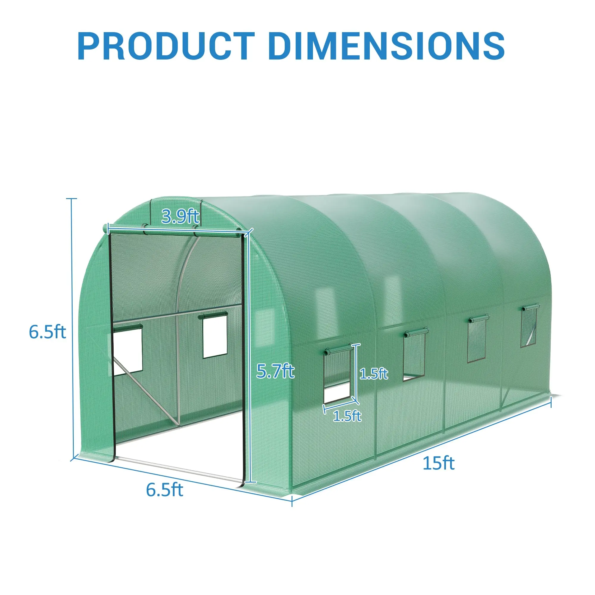 Gaomon Adjustable Heavy-Duty Galvanized Steel Walk-In Greenhouse (15x7x7 ft) - Outdoor UV-Blocking Weather-Resistant PE Cover Hoop House with 8 Windows, Roll-Up Door, Optimal Airflow Ventilation for Tropical Plants, Seedlings, Vegetables