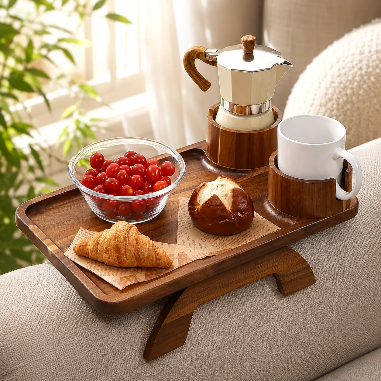 Space Saving Furniture All-in-1 Console & Sofa Table - 4-in-1 Rectangle Sofa Armrest Tray with 360-Degree Rotation Double Cup Holder, Cheese Plate,  Removable Cutlery Holder for Beverages, Fruit, All-In-One Console & Sofa Tables