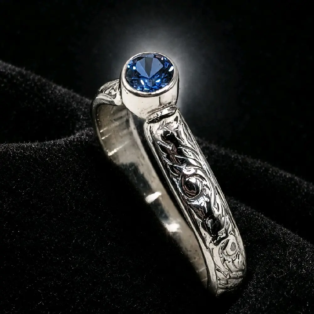 Florentine Spire Ring- 925 Sterling Silver Engraved Shank, Bezel Set Lab Blue Sapphire Size 7 Handmade Custom  Birthstone Silver Promise Ring Women  Silver Birthstone Ring