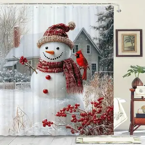 Snowman shower curtain featuring red cardinals, perfect for bathroom decoration, partitioning, enhancing space; waterproof, wear-resistant, easy to clean, machine washable, available in multiple sizes, comes with shower curtain hooks.