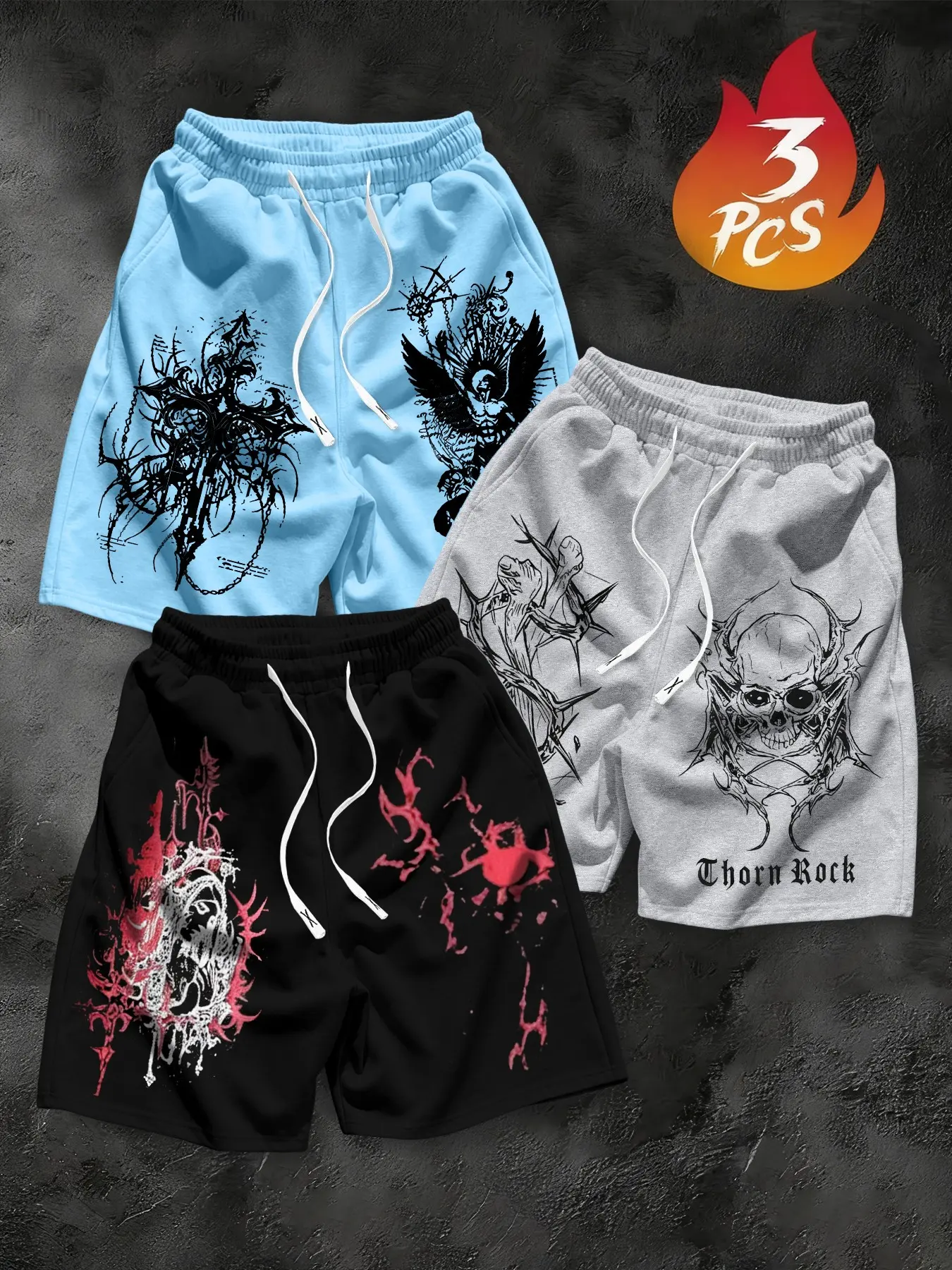 3-Pack American Dark Skull Thorns Print Daily Casual Fashionable Summer Shorts, High Street Cool Loose Five-Quarter Pants for Men, Streetwear Style, Menswear